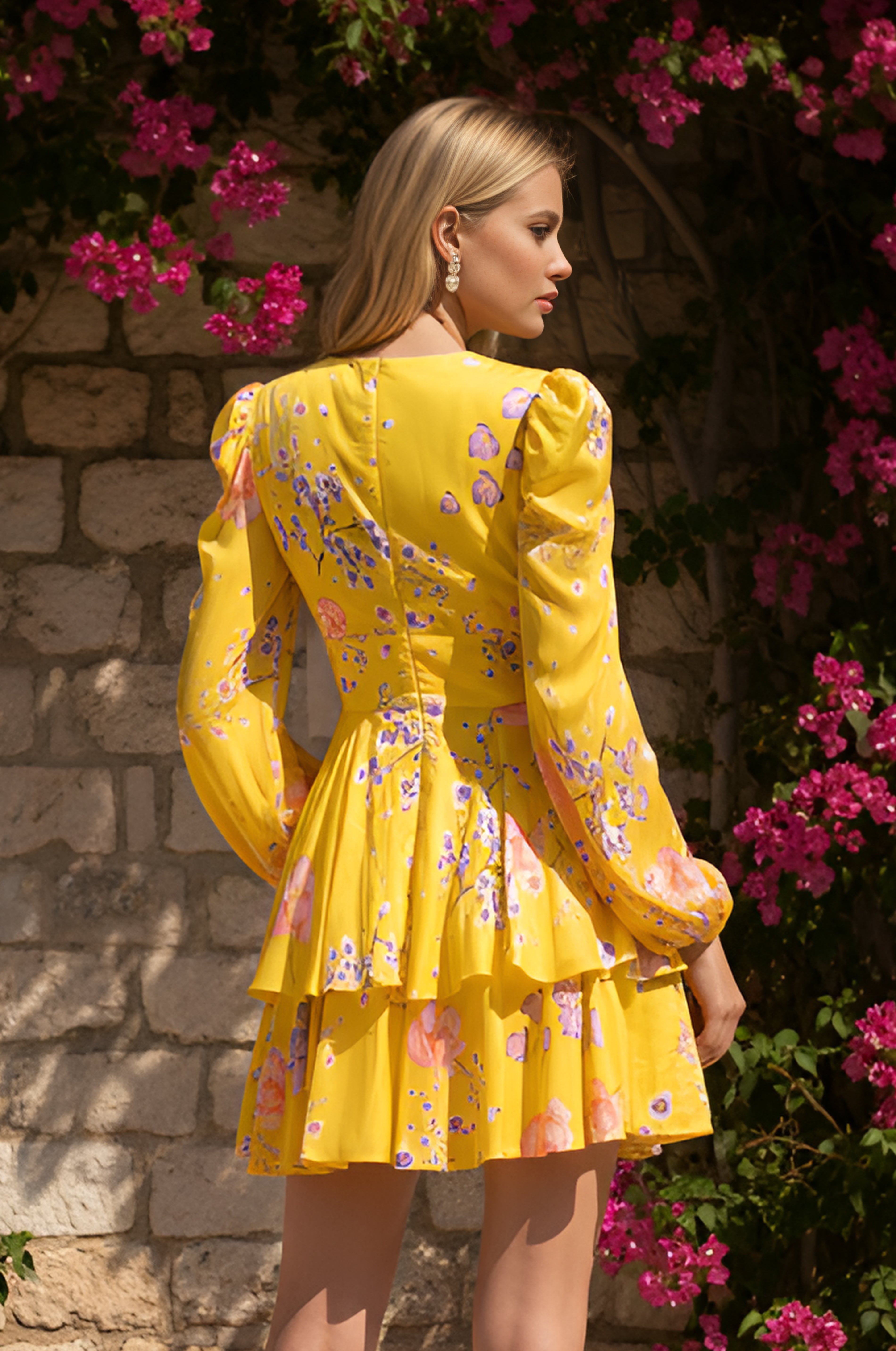 A woman in the Buttercup Yellow Floral Print Casual Dress: Hannah, featuring long sleeves and a tiered mini skirt, stands outdoors by a stone wall and pink flowers, facing away from the camera.
